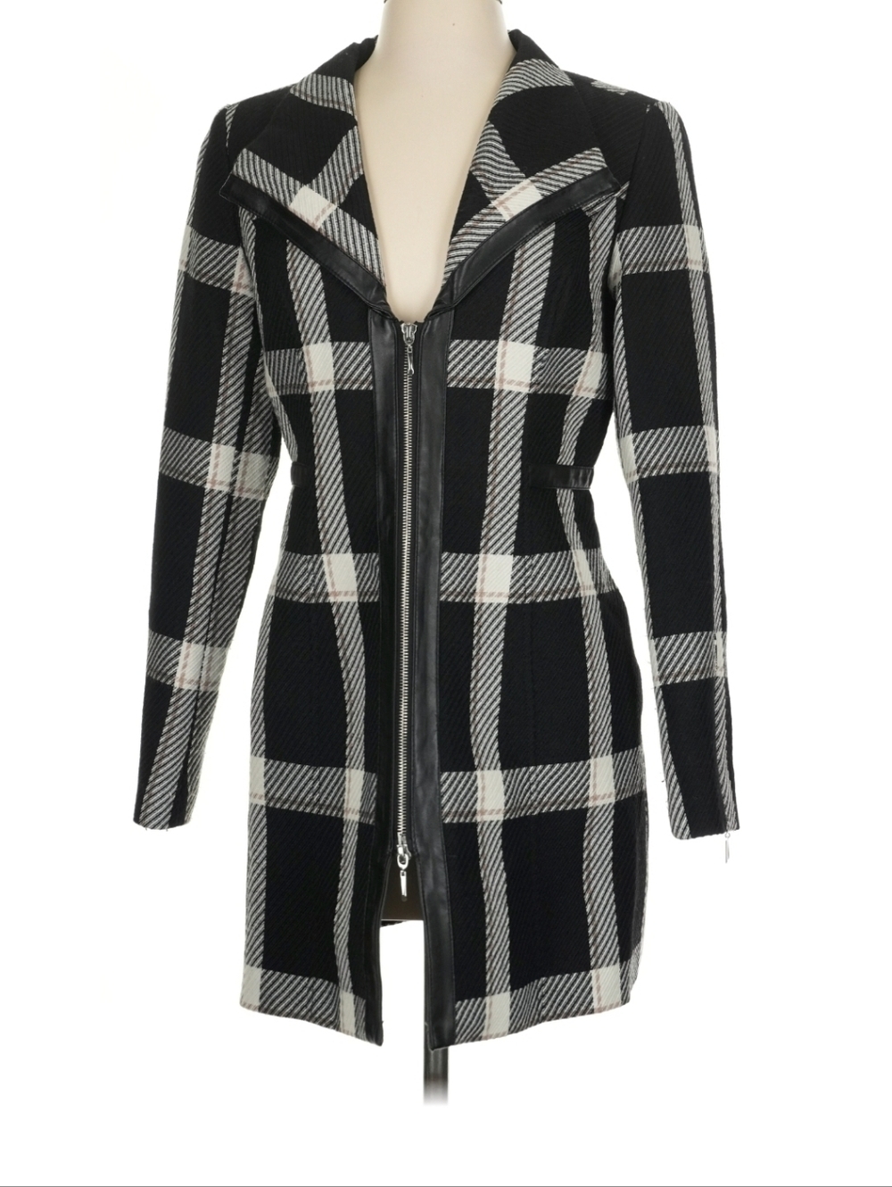 White House Black Market Black & White Plaid Zip-Front Trench Wool & Polyester S